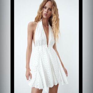 Zara White Eyelet Halter Dress